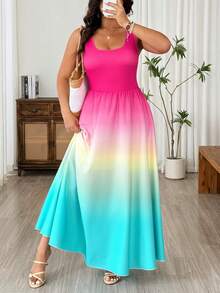 Breezaya Plus Size Gradient Color Sleeveless Midi Dress, Casual Vacation Style - Multicolor - View 1
