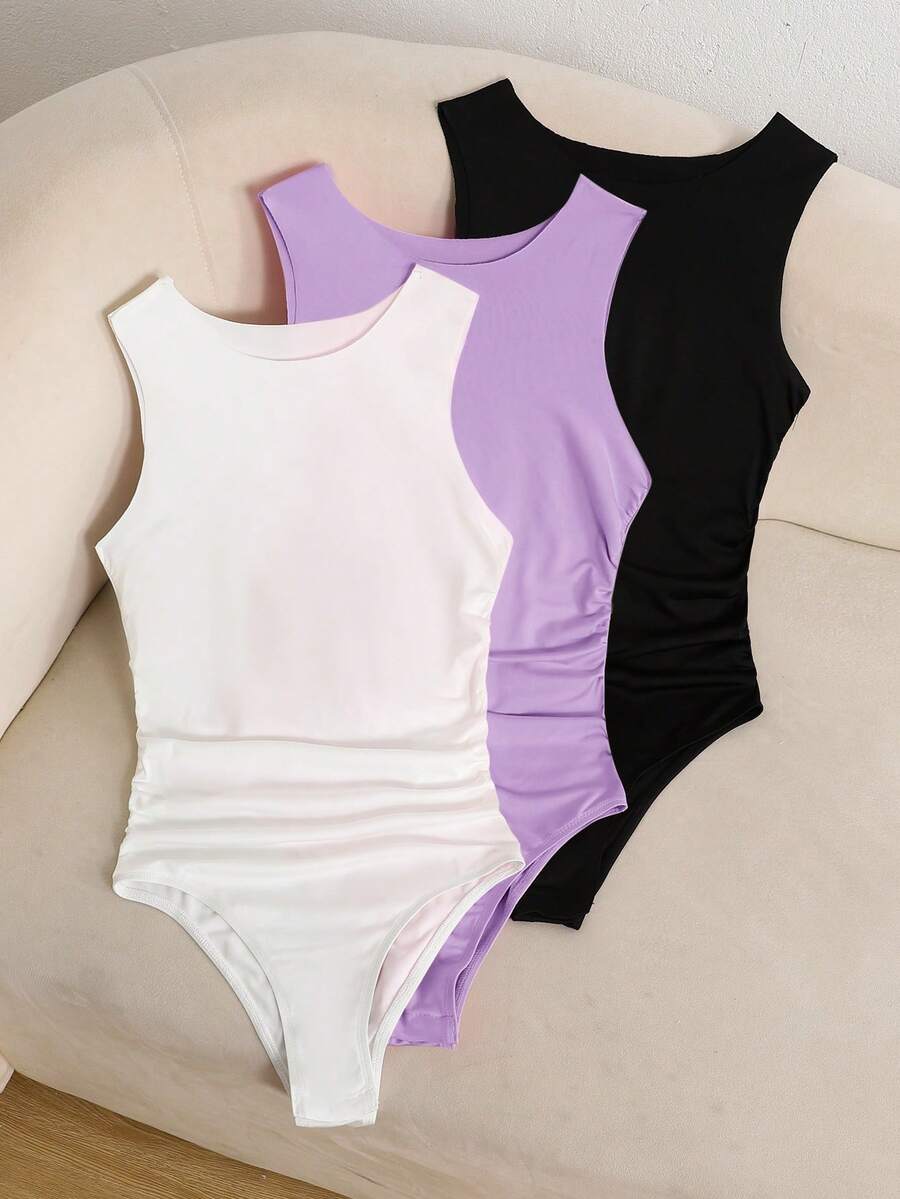 SHEIN Kids 3pcs Tween Girls' Casual Waist Tie Sleeveless Jumpsuit Set Girls Bodysuit Ruched Bodysuit Leotards Sleeveless Bodysuit Bodysuit Summer Solid Color Bodysuit Sleeveless Bodysuits Ruched Bodysuits - Multicolor - View 1