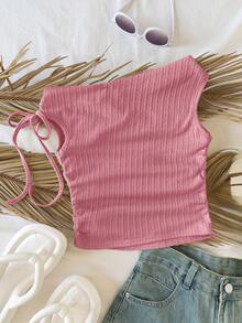 SHEIN Tween Girl Solid Color Asymmetric Shoulder Tie Design Casual Tank Top - Pink - View 2