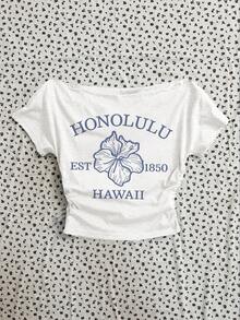 Attitoon Áo thun nữ tay ngắn ôm sát, dáng suông, eo nhún, trễ vai, thích hợp cho mùa hè. - trắng - Xem 4