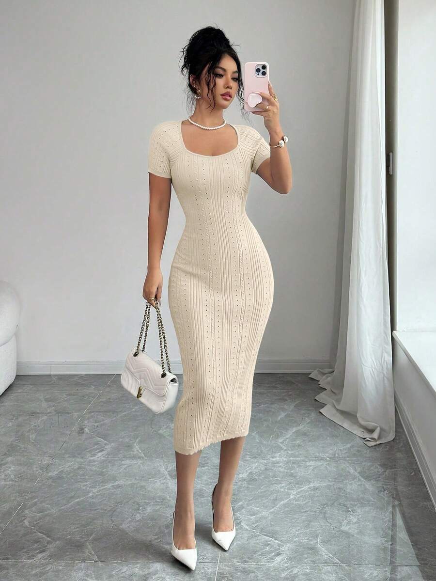 Selianne Summer Large U-Neck Short Sleeve Bodycon Maxi Sweater Dress, Sexy Cute Party ,Holiday - Beige - View 1