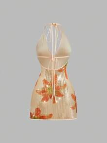 Sweetra 大尺碼女款米色夏季少女風夜店風優雅花卉亮片閃粉V領露背綁帶迷你洋裝，適合派對、度假、嘉年華 - 彩色 - 查看 2