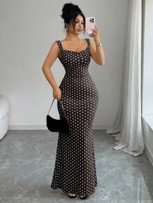 Elenzga 优雅复古波点露背拼接蝴蝶结鱼尾连衣裙，适合约会和派对，尽显优雅迷人气质。 - 彩色 - 查看 4