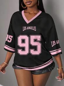 SHEIN CURVE+ Plus Size Women's Spring/Summer Streetwear Couple's Casual V-Neck Off Shoulder Letter Print Plus Size Casual Sports T-Shirt - Multicolor - View 4