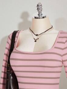 SHEIN ICON Plus Size Colorful Striped Backless Flare Sleeve Knit Dress - Pink - View 6