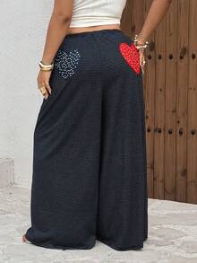 Franclia Plus Size Women Fashion Casual Vacation Striped Polka Dot Heart Print Loose Wide Leg Pants Gym Brown Autumn - Navy Blue - View 7