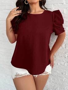 SHEIN Clasi Plus Size Summer Casual Solid Color Textured Puff Sleeve Shirt - Burgundy - View 6
