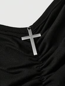 ROMWE Đầm nữ kiểu Gothic với họa tiết chữ thập, vạt áo bất đối xứng, dây mảnh, dài đến đầu gối. - màu đen - Xem 3