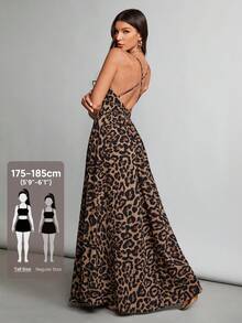 SHEIN Tall 秋季深V領交叉露背豹紋長裙，適合派對和外出 - 棕色 - 查看 8