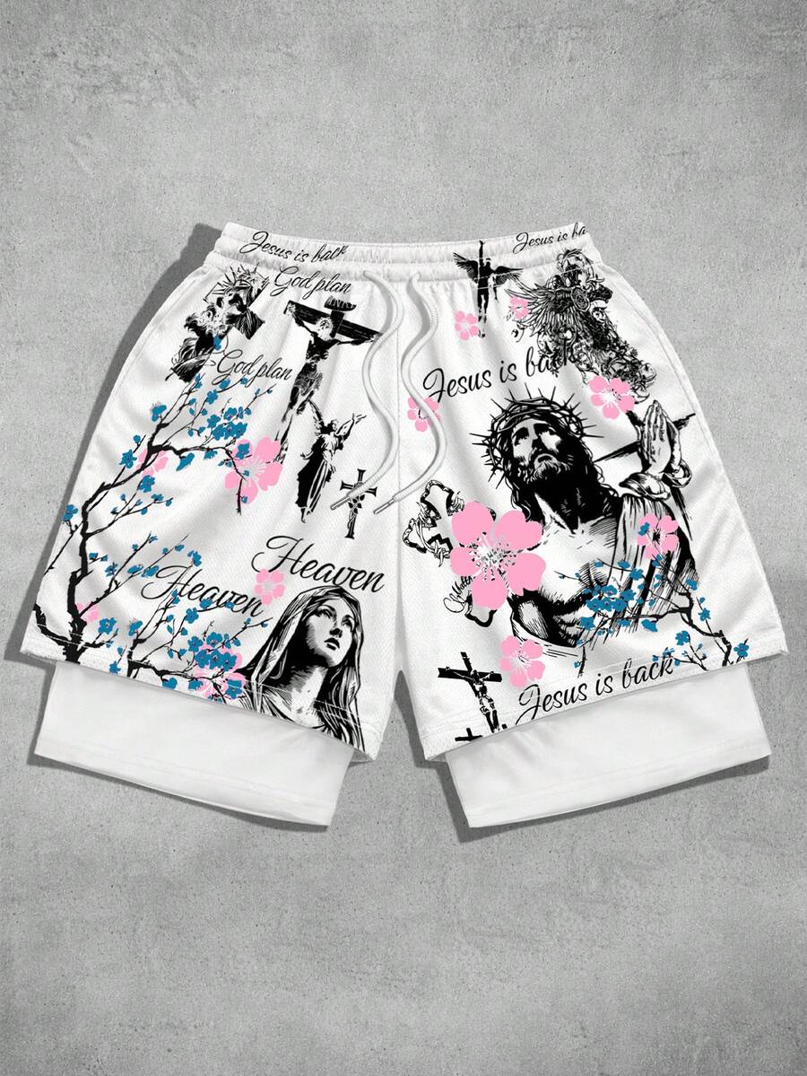 ROMWE MEN Goth Quần short mùa hè dáng rộng, họa tiết hoa và hình người, cạp chun, kiểu dáng thường ngày. - Nhiều màu - Xem 1