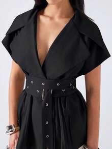 LYSMO 2026 New Minimalist Spring/Summer Women's Black Lapel Waist Hollow Button Design Casual Blazer - Black - View 8