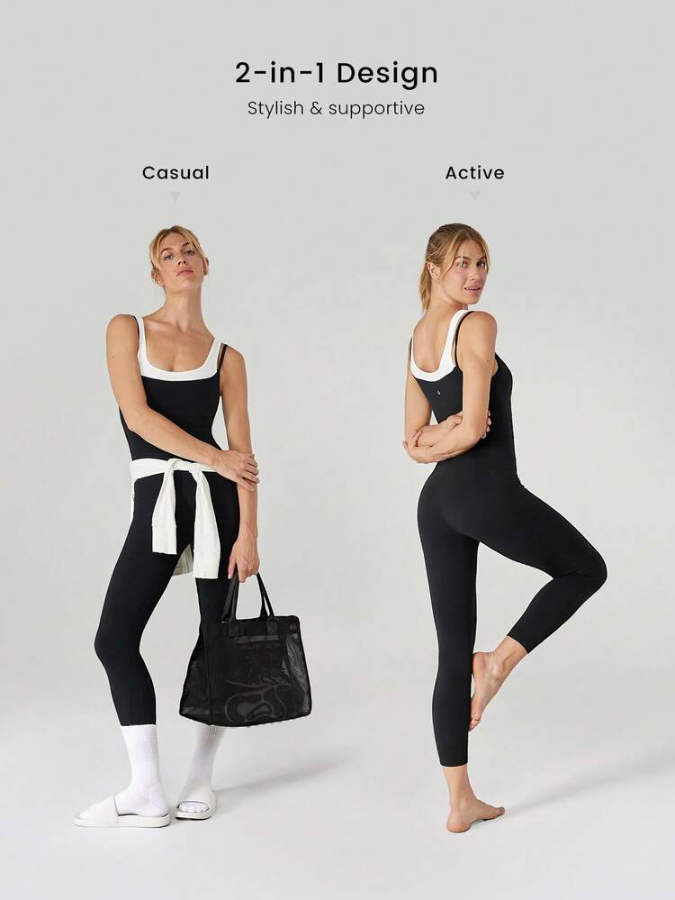 26'' FeatherFit™ 2 In 1 Contrast Strap Jumpsuit With Side Pockets Low Impact Yoga Pilates Daily Removable Cups