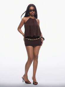 Vadaroq Đầm ôm sát ngắn hở lưng với dây chuyền kim loại, trang phục dự tiệc gợi cảm dành cho nữ. - Cà phê - Xem 2