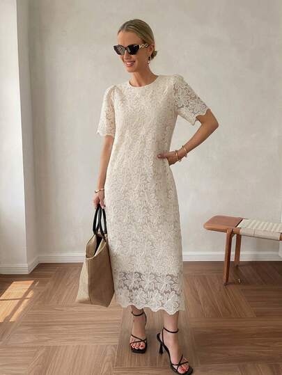 Vivie Lora Đầm midi ngắn tay cổ tròn màu trơn, đính họa tiết, thanh lịch dành cho nữ.