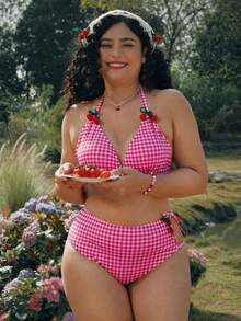 Swim Mod Plus Size Women's Multi-Color Cherry Decor Drawstring Swimwear With Cute Bow, 2-Piece Set Gym Summer - Pink - View 5
