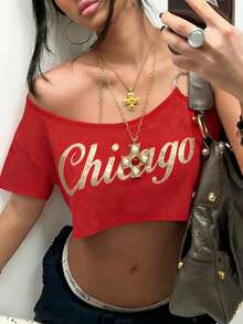 Rina Fox Women's Casual Foil Letter Print Round Ring Decor Cropped Top - Red - View 2