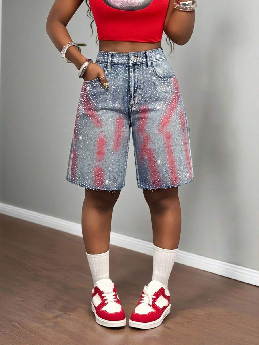 Slaydiva Quần short denim nữ mới, cạp thấp, dáng rộng, rách 5 điểm, kiểu Bermuda, họa tiết hình thoi / Quần short denim màu xanh nhạt / Trang phục nữ mùa thu / Trở lại trường học / Trang phục đồng quê nữ / Trang phục đi xem hòa nhạc đồng quê / Trang phục nữ cổ điển / Trang phục đi chơi / Trang phục sân bay nữ / Trang phục đường phố nữ / Trang phục nữ phong cách Y2K - Rửa trung bình - Xem 1