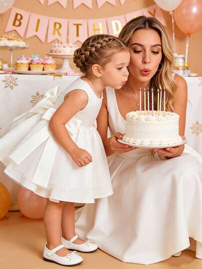 Glamorique Kids Baby Girls' White Satin Sleeveless Dress, High-End Formal Gown For Infant Birthday, Wedding Flower Girl, Banquet Party