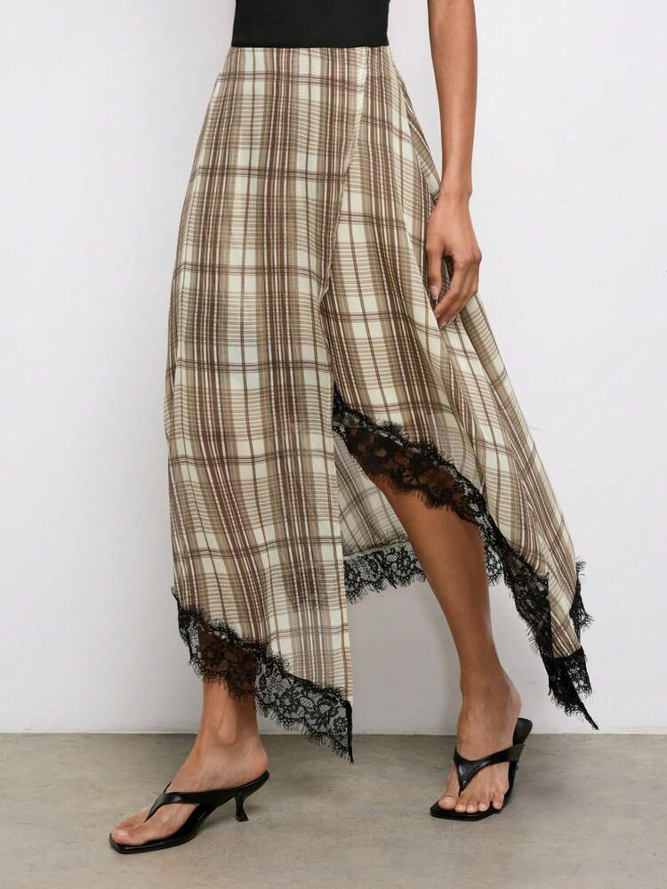 SHEIN Maija Women's Plaid Lace Patchwork Casual Versatile Date Night Skirt,Holiday Outfits For Women