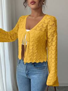 SHEIN Elenzya 女士优雅系带镂空开衫 - 芥末黃 - 查看 7