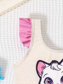 SHEIN GraphicGems Baby Girl Swimsuit, Cute Cat Applique Print Ruffle One-Piece Swimwear, Suitable For Summer Vacation, Beach, Swimming Pool - Multicolor - View 5
