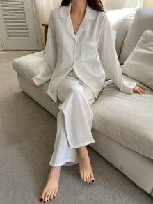 DAZY Bộ đồ ngủ nữ dáng rộng, thanh lịch, chất liệu satin jacquard kẻ sọc và ren phối hợp, thích hợp cho kỳ nghỉ hè. - trắng - Xem 9