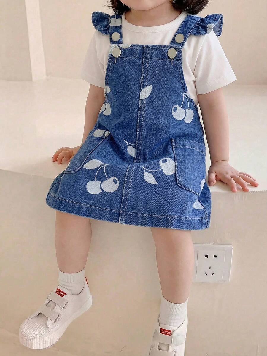 Váy yếm denim wash in hình quả anh đào thời trang thường ngày cho bé gái - Màu xanh lam - Xem 1