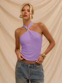 Avantive Top d'été décoré de métal à encolure ras-du-cou pour femmes, vêtements d'été blancs, hauts mexicains aux épaules dénudées pour femmes - Mauve - Voir 8