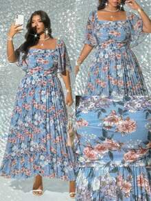Viva Relle Elegant Romantic Printed Long Pleated Dress - Blue - View 1