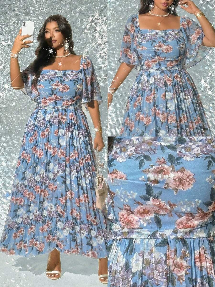Viva Relle Elegant Romantic Printed Long Pleated Dress - Blue - View 1