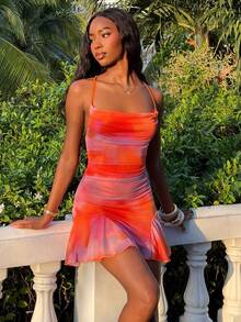 Mima John Tie Dye Tie Strap Open Back Bow Knot Hem Mini Dress For Women, Vacation, Date, Afternoon Tea, Holiday, Music Festival, Beach, Summer Outfit, Boho, Crochet, Linen,Bohemian Clothes Party - Multicolor - View 1