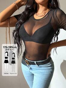 SHEIN Tall Top unicolor de cuello redondo de malla sin sujetador - Negro - Ver 1