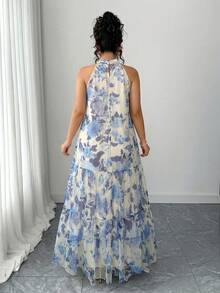 Elenzga Plus Size Dam Elegant Vävd Ärmlös Dubbelskiktad Blommig Meshklänning - Blå - Visa 2