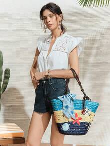 SHECARRY 撞色拼接草编包，海星花朵刺绣手提包，度假丝巾装饰单肩包（配件需自行组装） - 多色K - 查看 4