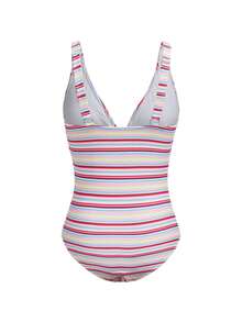 SHEIN Damen eleganter Urlaubs-Badeanzug mit bunten Streifen und Kreuzgurt-Vorderseite, Sommer Strand Urlaubs Familien-Matching Bademode - Verschiedenfarbig - Übersicht 3