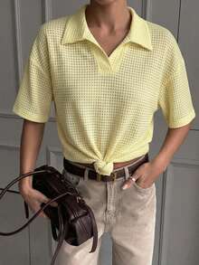 Livesso Women's Summer Solid Basic Polo Collar Loose Textured Short Sleeve T-Shirt - Yellow - View 8