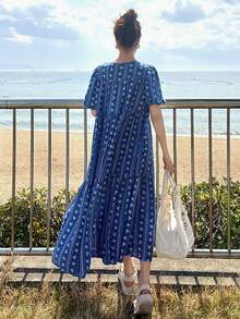 FRIFUL Women's Round Neck All-Over Ditsy Floral Layered Patchwork Vacation Style Dress Boho Sun Dresses For Women Summer Beach White And Blue Floral - Blue - View 5