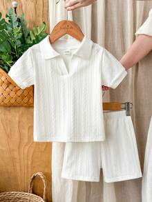 SHEIN Vintaside Kids 男婴夏季针织菱形图案V领短袖上衣套装（2件套），包含上衣和配套短裤，时尚简约学院风，无图案，宽松版型，适合外出、休闲和轻度运动。 - 白色 - 查看 8