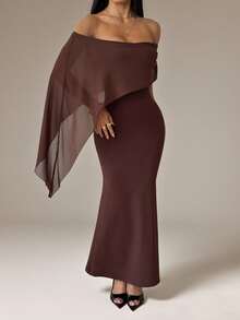 SHEIN PETITE Đầm suông màu nâu trơn thanh lịch, trễ vai, dáng ôm, thích hợp cho tiệc sinh nhật, tiệc chiêu đãi, các sự kiện tụ họp, mặc nhiều lớp vào mùa thu/đông, Halloween, Giáng sinh, đầm sang trọng. - màu nâu - Xem 7