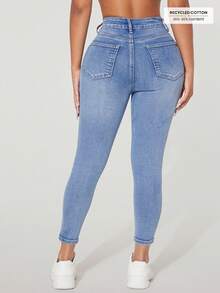 SHEIN PETITE Quần jeans nữ casual phong cách đường phố, quần jeans skinny có túi, quần jeans cạp cao ôm sát, quần jeans định hình vòng eo. - Màu xanh lam - Xem 2