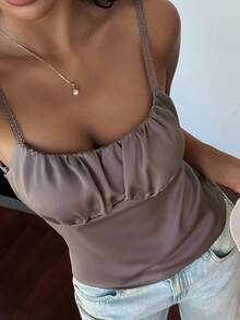 Livesso 优雅法式缎面褶皱胸垫吊带背心（女士款） - 淺灰紫 - 查看 11