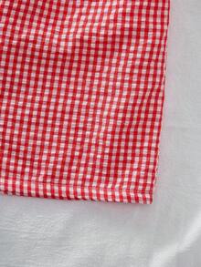 红白格子无袖领结两件套，V领无袖设计，饰有4个精致蝴蝶结，收腰设计凸显身材，搭配同款格子松紧腰短裤，宽松版型适合各种体型，复古格子与甜美领结的组合，打造出独特的亮点，充满活力和青春气息，是日常和轻松社交场合的百搭之选！ - 紅色 - 查看 7