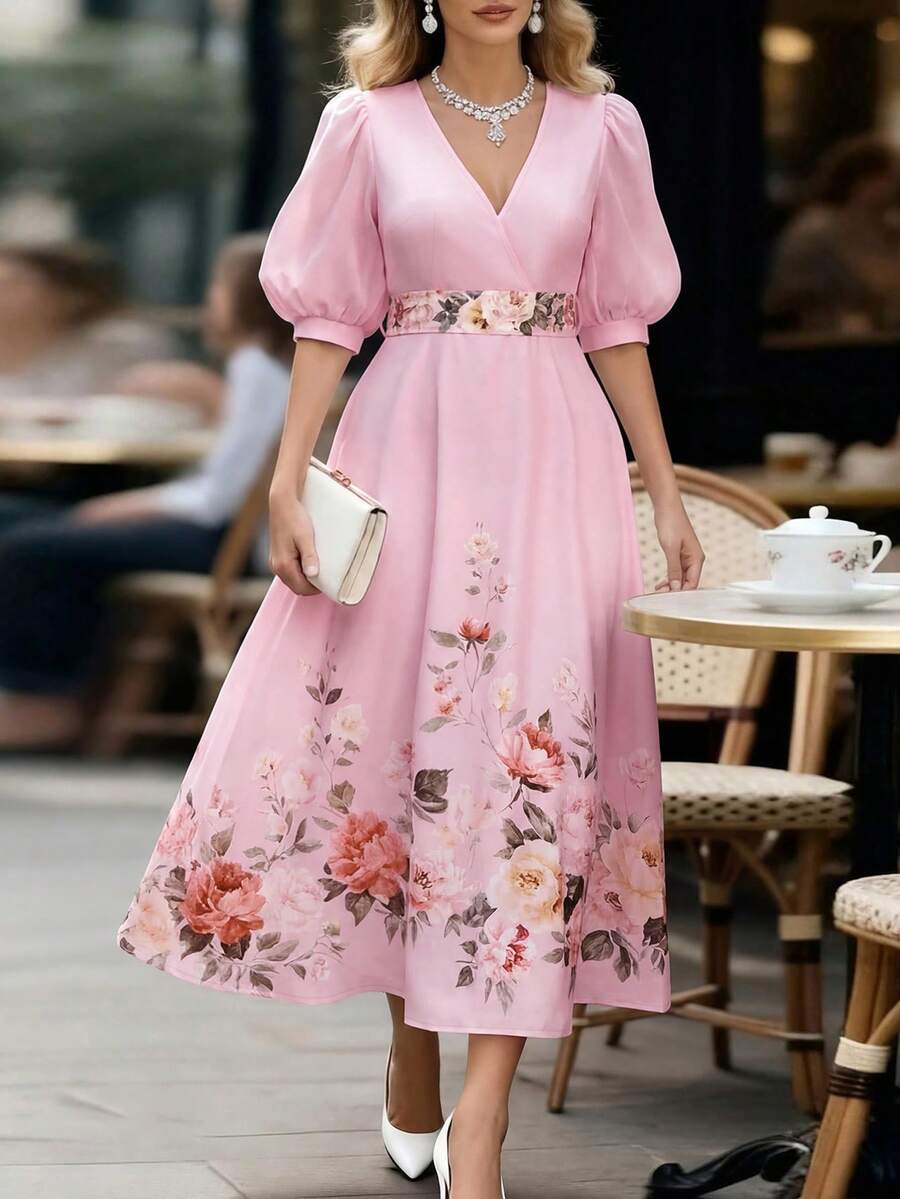 EMERY ROSE Floral Print V-Neck Elegant Long Dress - Baby Pink - View 1