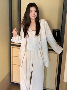 Dazy Plus 3件套蝴蝶结印花撞色滚边吊带背心和宽松睡裤套装，大码女式春夏睡衣 - 白色 - 查看 6