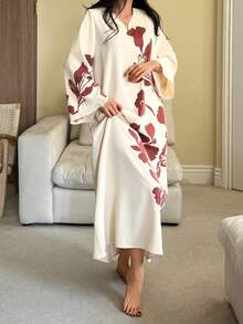 DAZY Floral Pattern Loose 3/4 Sleeve Dress, Spring Outfit, Women Sleepwear Dress - White - View 6