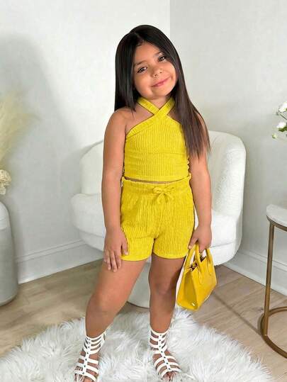 SHEIN 少女纯色露背上衣和短裤休闲日常穿搭