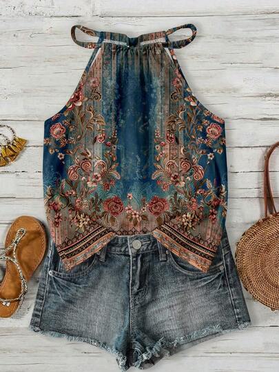 SHEIN LUNE Áo hai dây cổ yếm dành cho nữ, họa tiết hoa cổ điển, thích hợp cho mùa xuân và mùa hè.