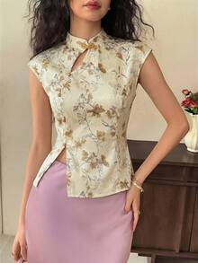 EastFlair Áo tank top không tay in họa tiết tối giản dành cho nữ - Màu Mù tạt vàng - Xem 3