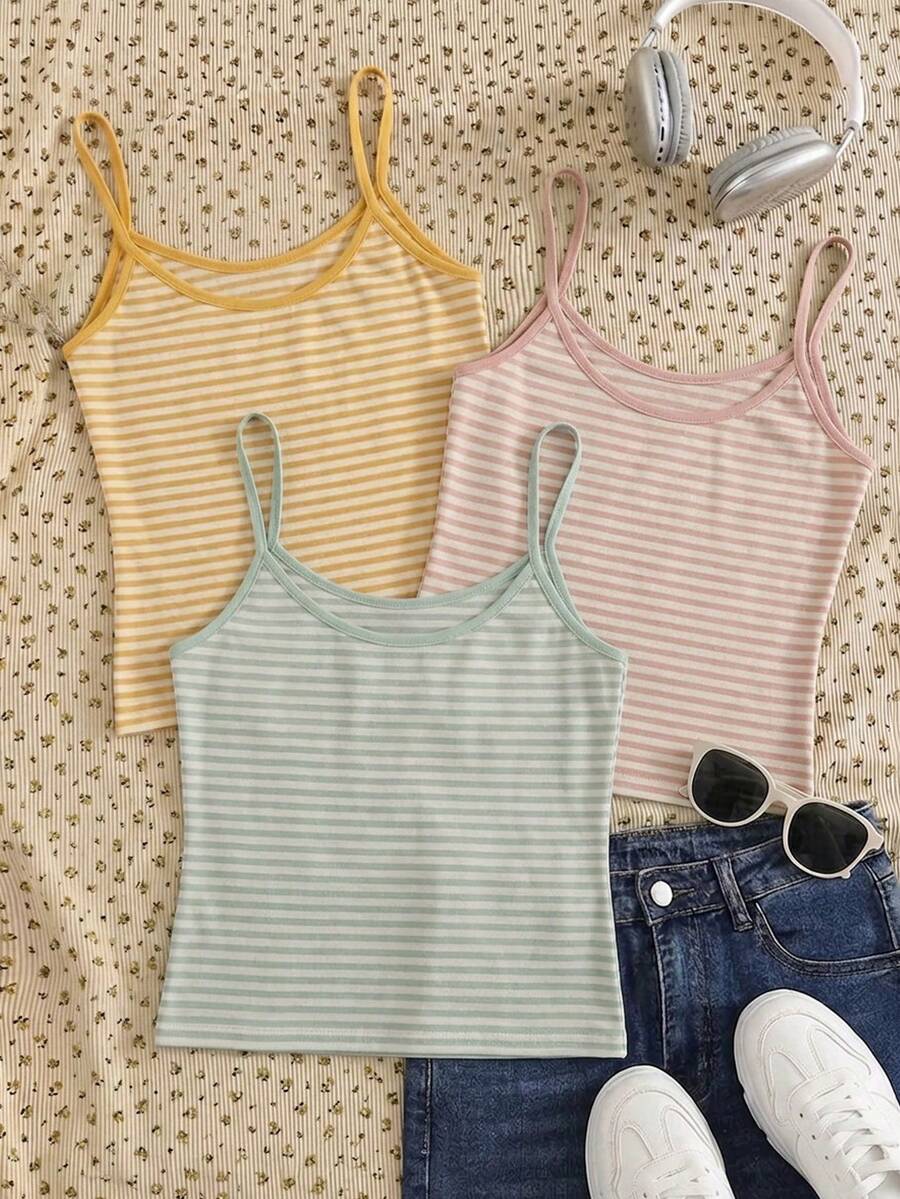 IslaSuriya Set 3 pcs Camisole Bergaris Minimalis untuk Wanita, Hadiah untuk Teman - Kuning - View 1