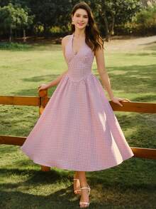 Vintamour 复古经典优雅女士连衣裙，春夏修身露背连衣裙，粉色格子喇叭裙 - 粉色 - 查看 4